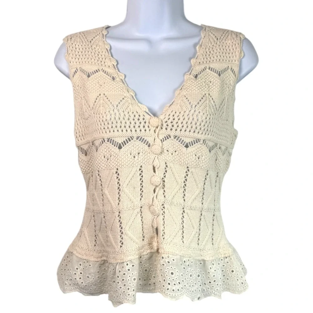 Heartloom Crochet Knit Top Sz S Cream Eyelet Peplum Boho Cottage Country Whimsy - Picture 2 of 8
